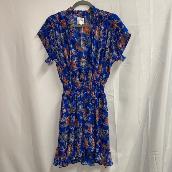 MISA Dominique Ruffle Mini Dress Sireneuse Floral Blue Red Size Medium NWT - Picture 5 of 11